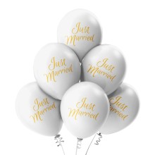 6 Luftballons Just Married - Freie Farbauswahl, Farbe: Weiß-Gold (Metallic)