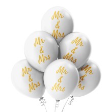 6 Luftballons Mr & Mrs - Freie Farbauswahl, Farbe: Weiß-Gold (Metallic)