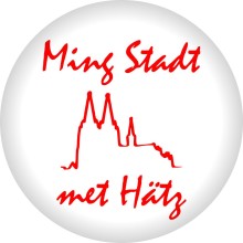 Button Kölner Karneval - Freie Motivwahl Ø 50 mm, Buttonmotiv: Ming Stadt met Hätz (Dom) - Rot