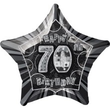 Folienballon Stern Schwarz Schillernd - Happy Birthday - Freie Zahlwahl, Zahl: 70