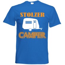 T-Shirt Camping - Stolzer Camper (Wohnwagen) - Freie Farbwahl, Farbe des T-Shirts: Blau