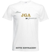 T-Shirt - "Mein JGA + Gästeliste" - Freie Farbwahl, Farbe des T-Shirts: Weiß