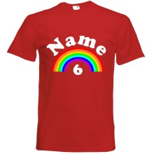 T-Shirt - "Regenbogen + Zahl" - Freie Farbwahl, Farbe des T-Shirts: Rot