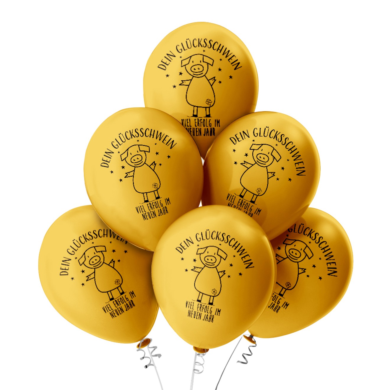 6 Luftballons Glücksschwein - Gold