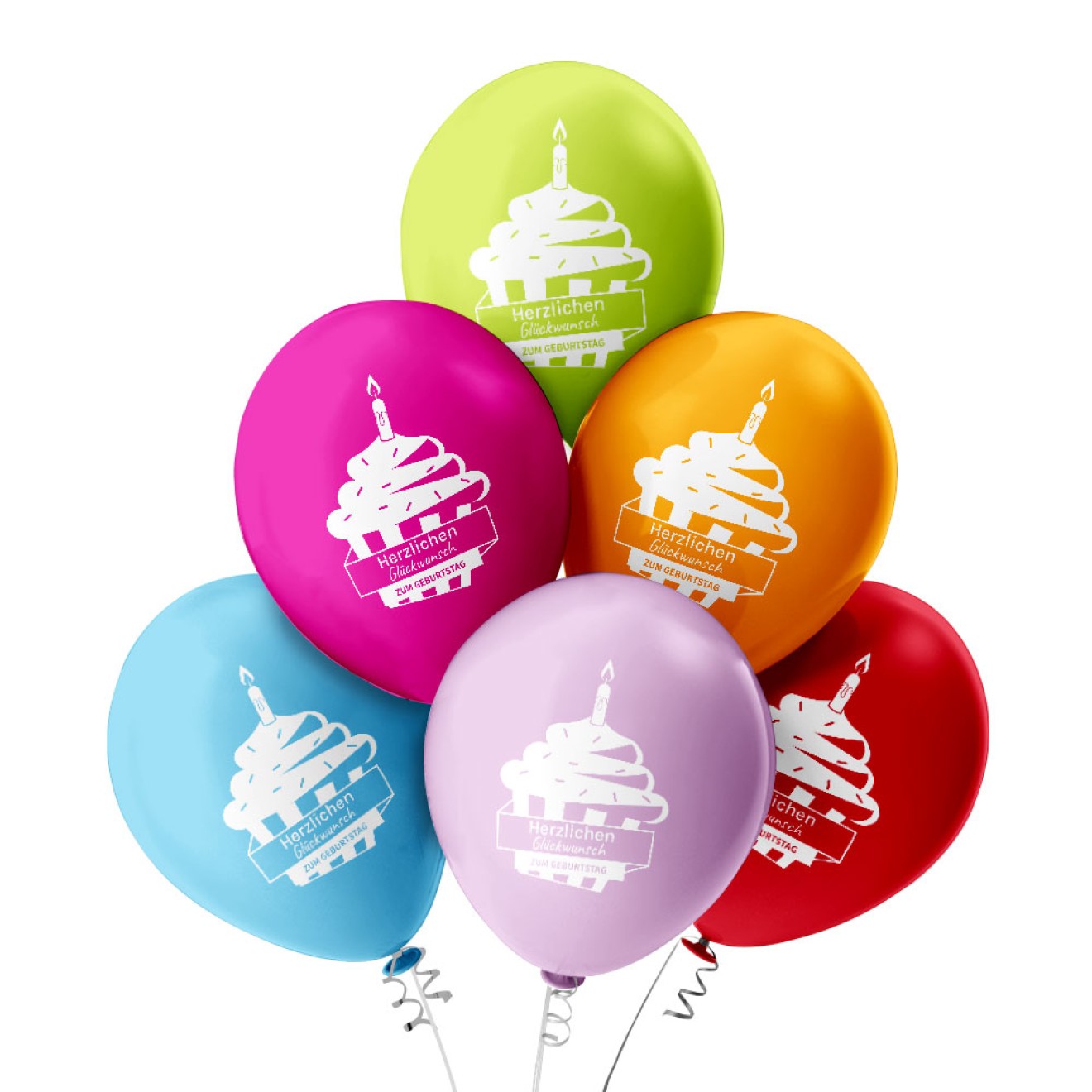 6 Luftballons Herzlichen Glückwunsch Muffin - Bunt gemischt