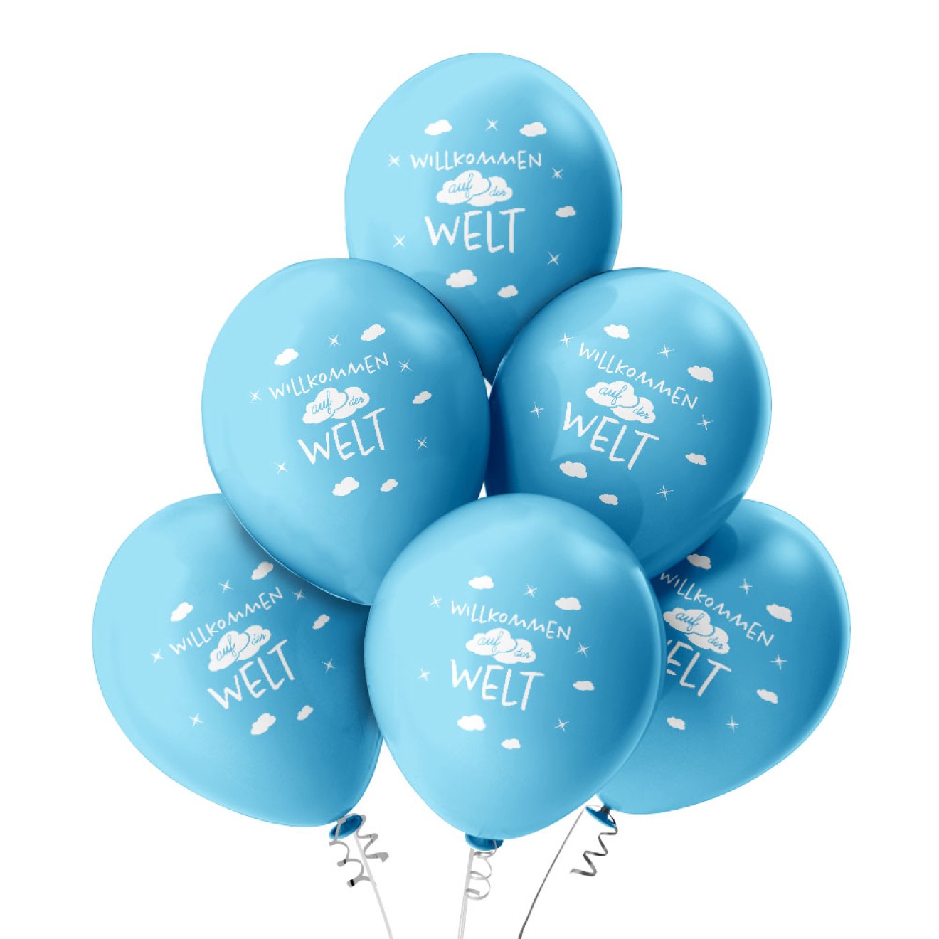 6 Luftballons Willkommen auf der Welt - Hellblau