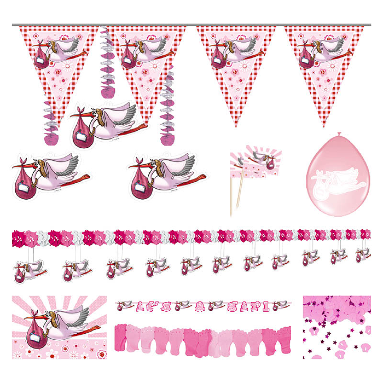 Partypaket Dekoset Babyparty Geburt Girl (Mädchen) 67 Teile + 10 Luftballons Rosa Ø 30 cm