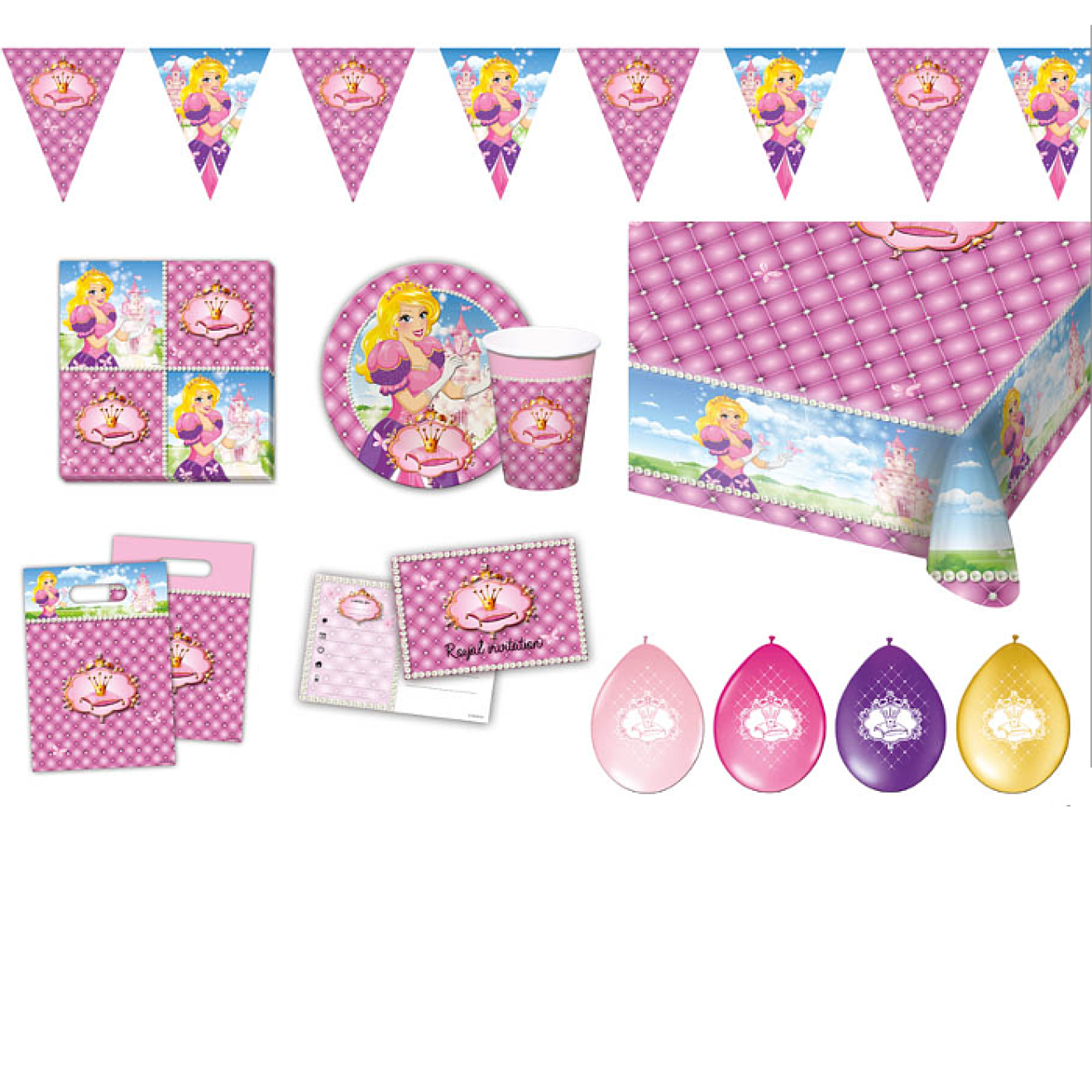 Partypaket Dekoset Geburtstagsparty Prinzessinnen 48 Teile + 10 Luftballons Pink Ø 30 cm