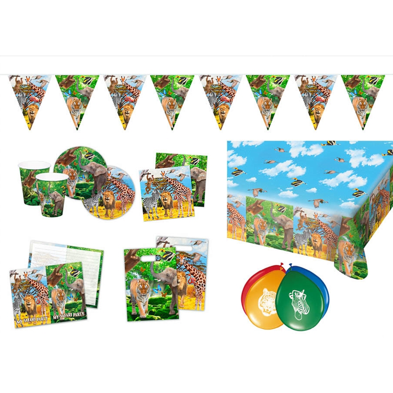 Partypaket Dekoset Geburtstagsparty Safari 62 Teile + 10 Luftballons Bunt gemischt Ø 30 cm