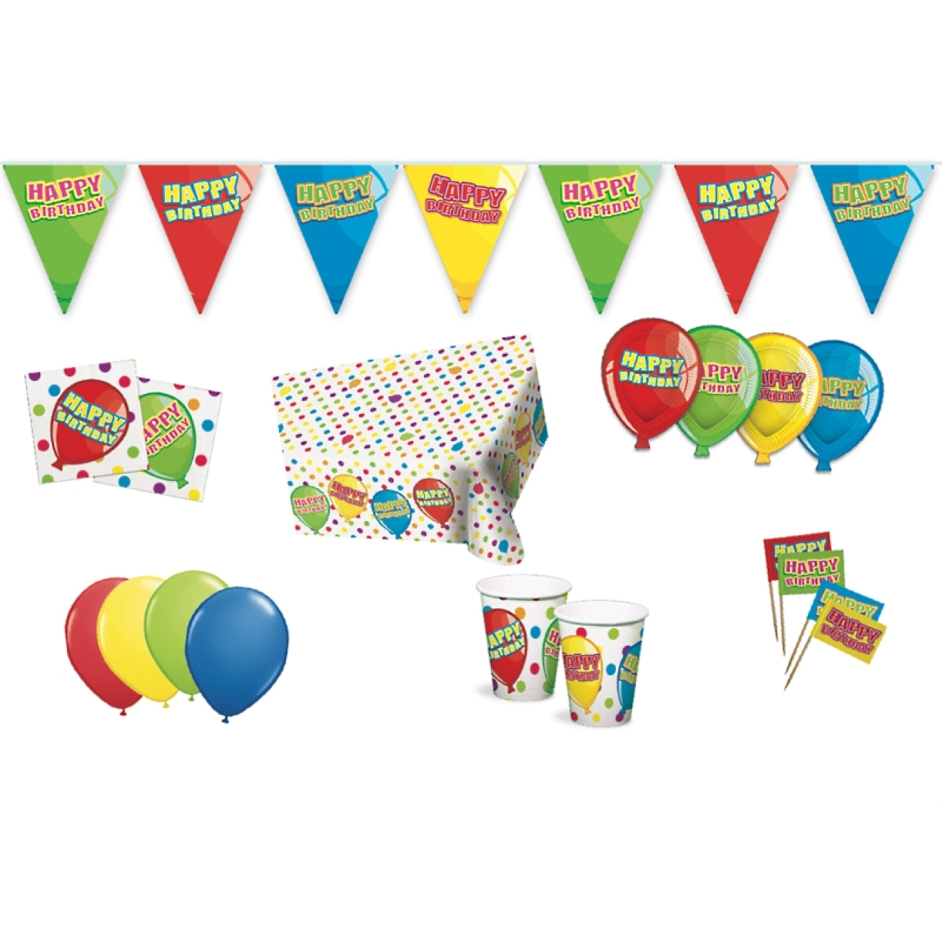 Partypaket Dekoset Geburtstagsparty Happy Birthday 69 Teile + 10 Luftballons Bunt gemischt Ø 30 cm