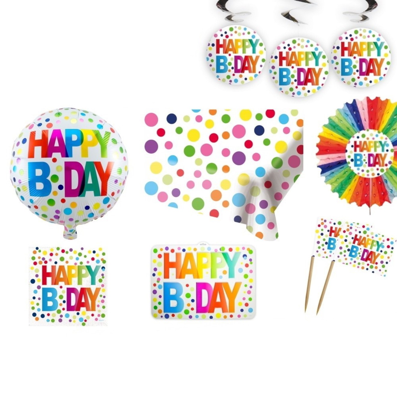 Partypaket Dekoset Geburtstagsparty Happy Birthday Regenbogen - Gepunktet 79 Teile