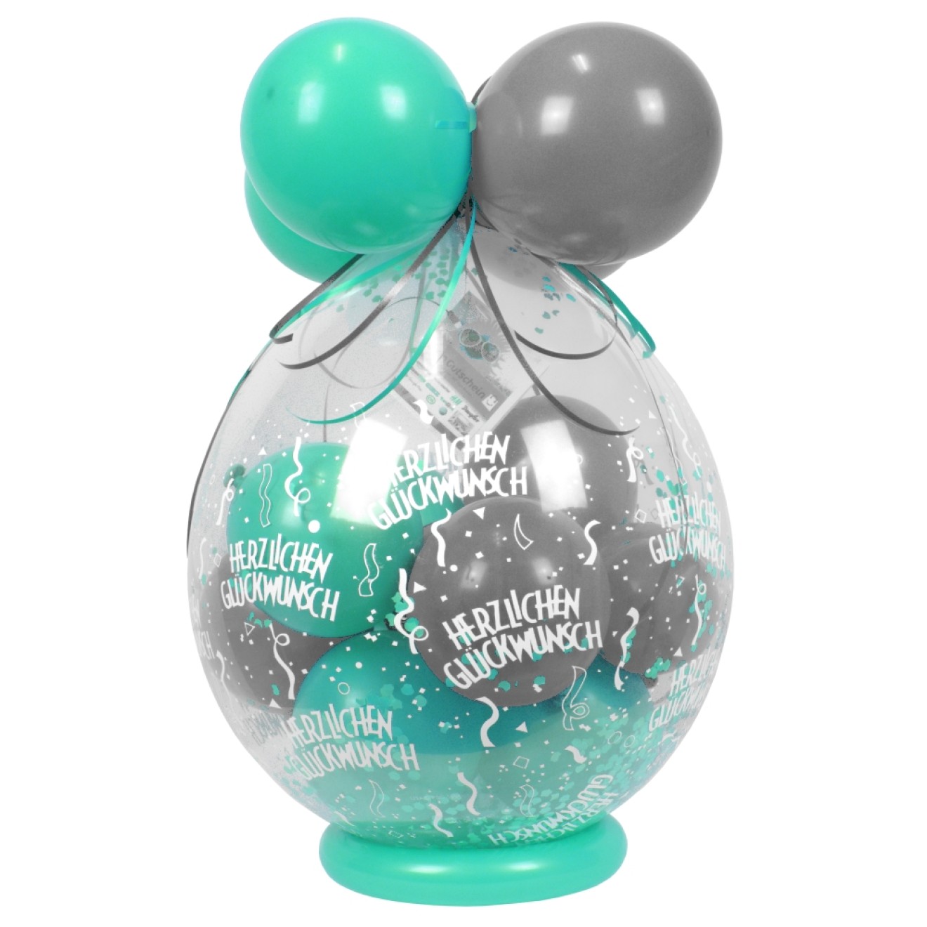 Verpackungsballon Geschenkballon: Herzlichen Glückwunsch - Türkis & Silber - Basic Ø 50 cm