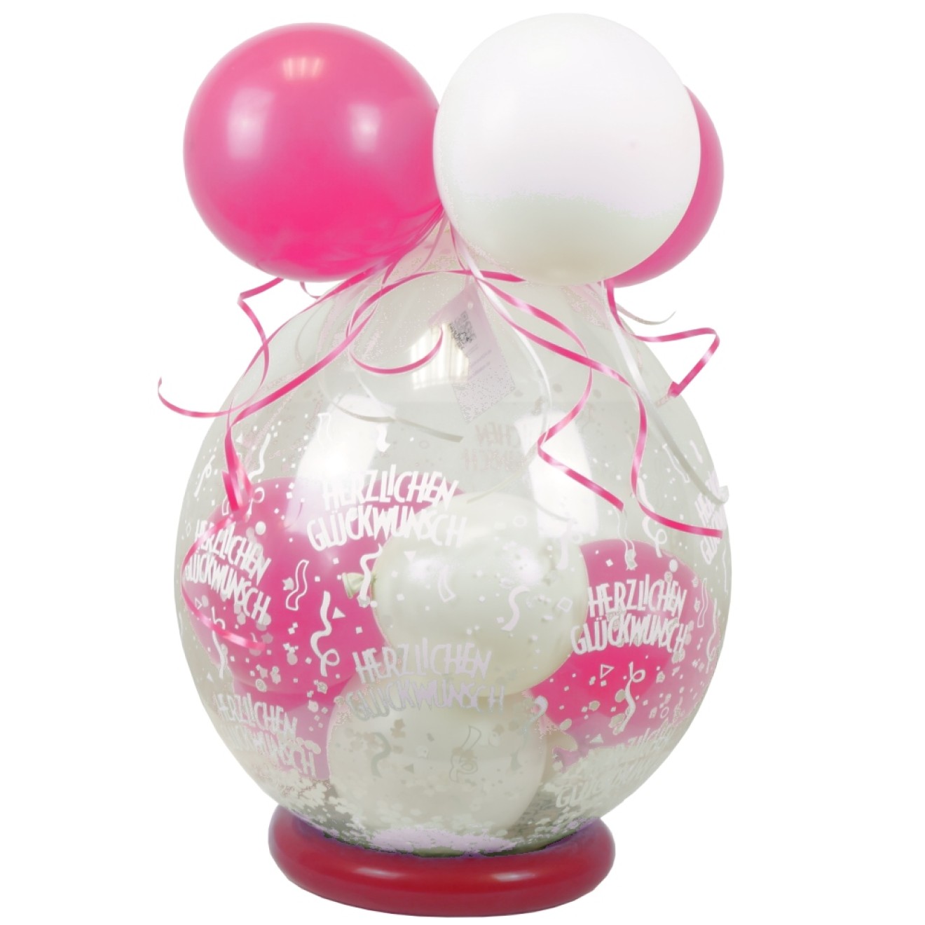Verpackungsballon Geschenkballon: Herzlichen Glückwunsch - Weiß & Rosa - Basic Ø 50 cm
