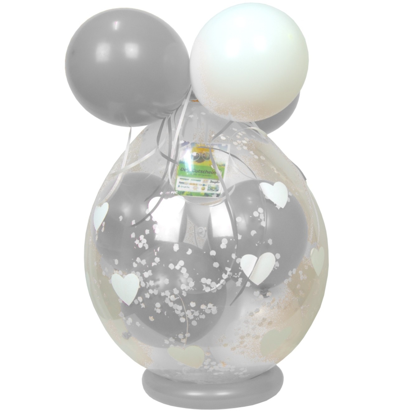 Verpackungsballon Geschenkballon: Herzen (Weiß) - Silber & Weiß - Basic Ø 50 cm