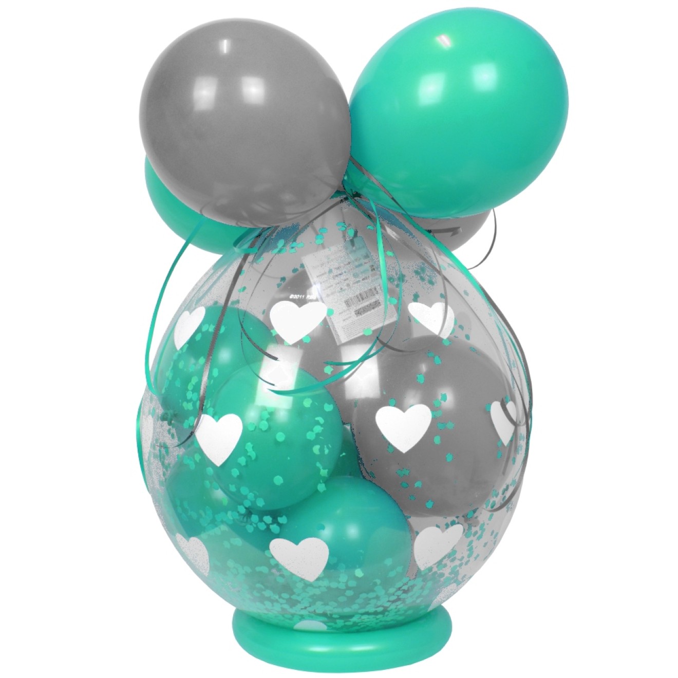Verpackungsballon Geschenkballon: Herzen (Weiß) - Türkis & Silber - Basic Ø 50 cm