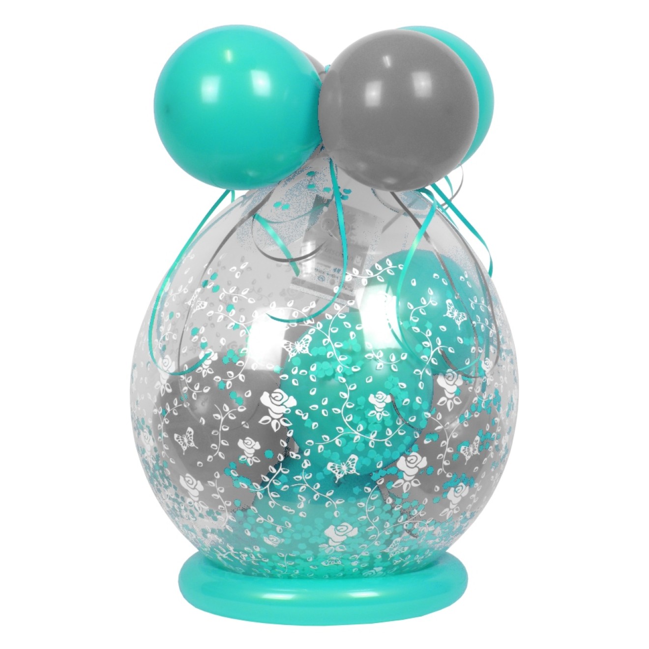 Verpackungsballon Geschenkballon Hochzeit: Rosen - Türkis & Silber - Basic Ø 50 cm