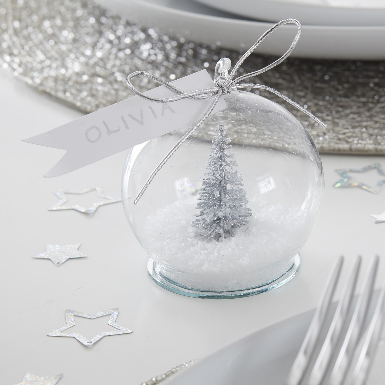 4 Place Cards - Snow Globe - Silver