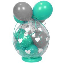 Verpackungsballon Geschenkballon: Herzen (Weiß) - Türkis & Silber - Basic Ø 50 cm