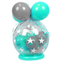 Verpackungsballon Geschenkballon Sterne - Türkis & Silber - Basic Ø 50 cm