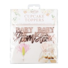 12 Cupcake Toppers - Baby in Bloom - Foiled with paper flower