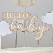 Cake Topper - Hello Baby and clouds - Wooden and fabric