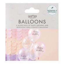 5 Balloon Bundle - Shell Confetti and Happy Birthday Printed Chrome Balloons with Tissue Tassel Tail