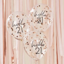 5 Rose Gold Confetti Filled 'Hello 21' Balloons