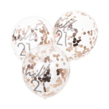 5 Rose Gold Confetti Filled `Hello 21` Balloons