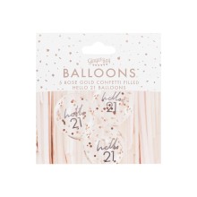 5 Rose Gold Confetti Filled `Hello 21` Balloons