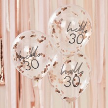 5 Rose Gold Confetti Filled 'Hello 30' Balloons