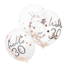 5 Rose Gold Confetti Filled `Hello 30` Balloons