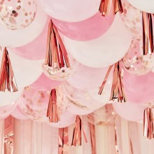 1 Blush, White and Rose Gold Confetti Balloon Ceiling with Tassels