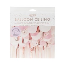1 Blush, White and Rose Gold Confetti Balloon Ceiling with Tassels