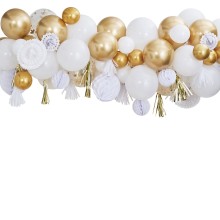 1 Metallic fancy balloon garland with gold fringe garlands, honeycomb and fans