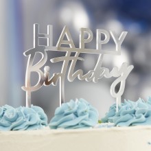 1 Cake Topper - Happy Birthday - Silver