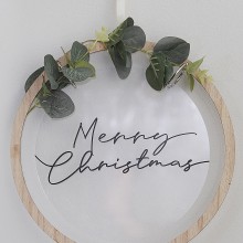 1 Wreath - Wooden Hoop with Acrylic Merry Christmas Disc and Foliage