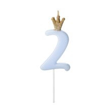 1 Kuchenkerze - Zahl 2 - Hellblau mit Krone