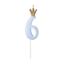 1 Kuchenkerze - Zahl 6 - Hellblau mit Krone