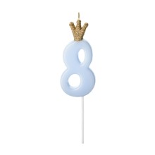 1 Kuchenkerze - Zahl 8 - Hellblau mit Krone